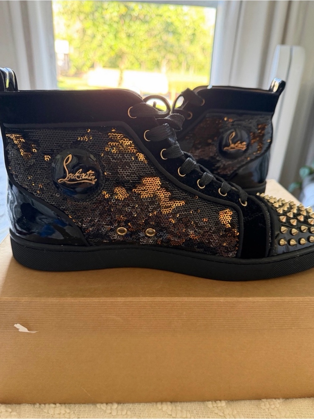 Christian Louboutin Sequin High-Top Sneakers Lou Spikes 45 Gold & Black